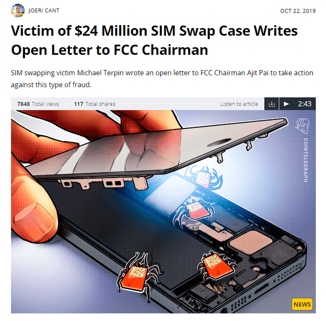 articolo di notizie con un titolo che scrive il caso di scambio di SIM vittima di $ 24 milioni scrive una lettera aperta al presidente della FCC
